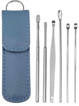 VOCOSTE 6 Stück Edelstahl Ohren Reinigung Werkzeug Satz Ohrenreiniger Ohrenpflege mit Kunstleder Verpackung Helle Blau