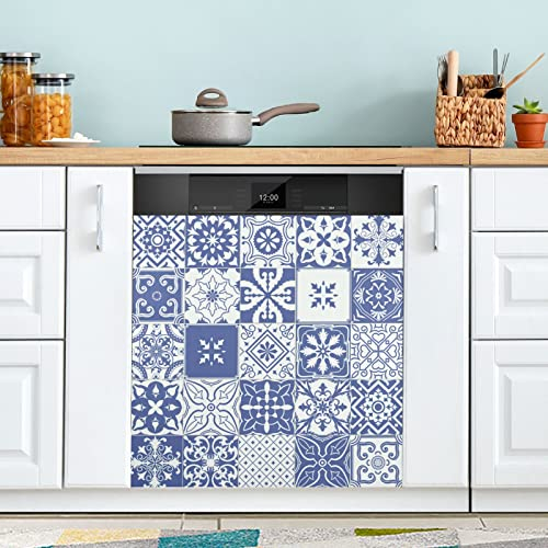 Carreaux floraux bleus vintage pour lave-vaisselle, réfrigérateur, armoire, cuisine, buanderie, cadeau, 58,4 x 66 cm