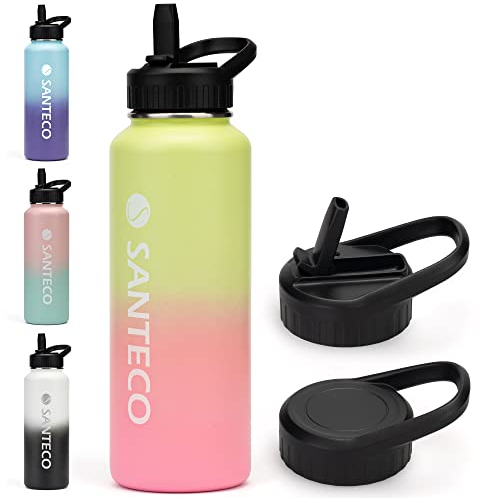 Santeco Stainless Steel Water Bottle with Straw & 2 Lids, 1100ml/40oz Vacuum Insulated Flasks, Sport Drink Bottle for 12 Hours Hot & 24 Hours Cold, Great for Work, Gym, Travel
