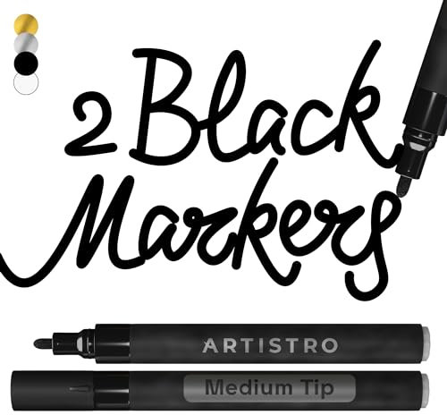ARTISTRO 2 Black Acrylic Paint Pens for Rock Painting Ceramic Wood Glass Metal Plastic - 3mm Medium Tip Paint Markers Ideal for Labeling DIY Crafts Art Projects