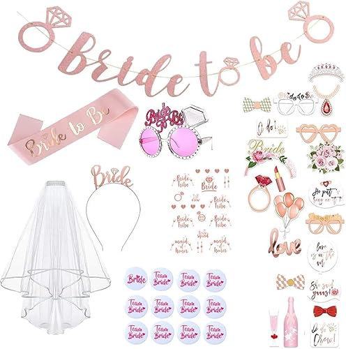 Lecone Junggesellenabschied und Junggesellenabschied, Dekoration, 41 Stück Bride to be Gadget Braut di Sash Strumpfband Braut Haarreif Tiara und Schleier Braut Hochzeit Tattoos Brosche Rosetten