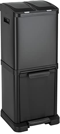 SVITA 3XCOMBO32 Mülleimer 3 Fächer hochwertiger Treteimer Abfalleimer für Küche - Mülleimer Küche 3 Fächer Mülltrennung mit Schubfächern Trennsystem Edelstahl Abfalleimer Schwarz