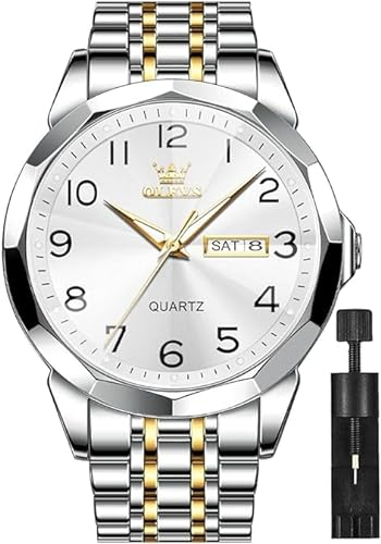 OLEVS Armbanduhr für Herren aus Edelstahl, leicht lesbar, Geschäftskleidung, analog, Quarz, Datumsanzeige, luxuriös, klassisch, wasserdicht, leuchtende Armbanduhr, Gold&Weiß