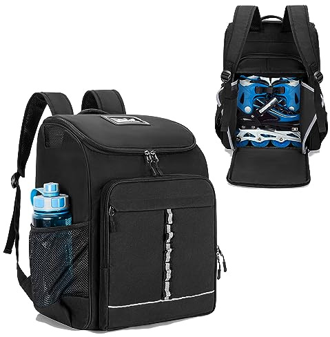 GOBUROS Roller Skate Bag Fits Shoes Up to US Mens 13, Ice Skate Backpack with Top Helmet Pocket, Roller Skating Bag with Adjustable Padded Shoulder Strap for Skates Gear, Black
