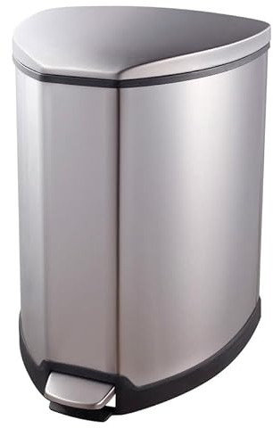 PROREGAL Dreieckiger Treteimer mit Kunstoffinneneimer & gedämpft schließendem Deckel | 25 Liter, HxBxT 50,7x36x37cm | Silber