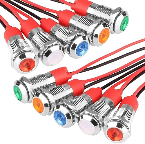 Leikurvo 10 luci di controllo LED da 6 mm, 12 V, in metallo, con filo, impermeabile, lampada di segnalazione (rosso, verde, giallo, blu e bianco, 2 pezzi)