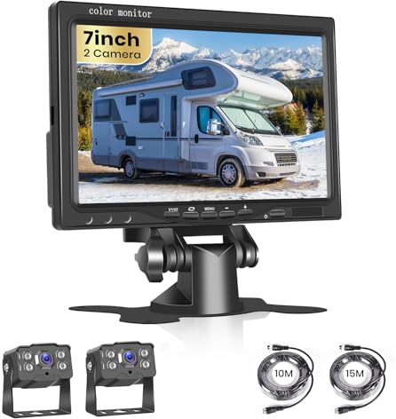 Podofo AHD Rückfahrkamera Auto mit 7 Monitor Wasserdicht Nachtsicht 2-Kameras/10+15m Kabel,Kabel Rückfahrkamera Ket mit Einparkhilfe Einstellbar Mirroring Für LKW Und Wohnmobil