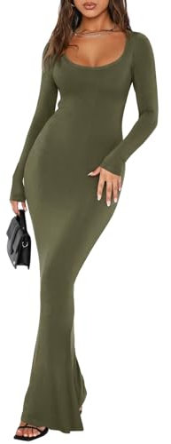 REORIA Womens Sexy Casual Square Neck Long Sleeve Soft Lounge Long Dress Fall Wedding Guest Formal Ribbed Bodycon Maxi Plus Size Dresses Olive Green X-Large