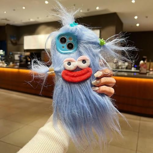 Pretaco for iPhone 14 Pro Max Case,Funny and Silly Weird Furry Phone Cases [DIY Long Hair with Hairclip] Ugly Phone Case Swap Challenge Gifts with Friends (Blue)