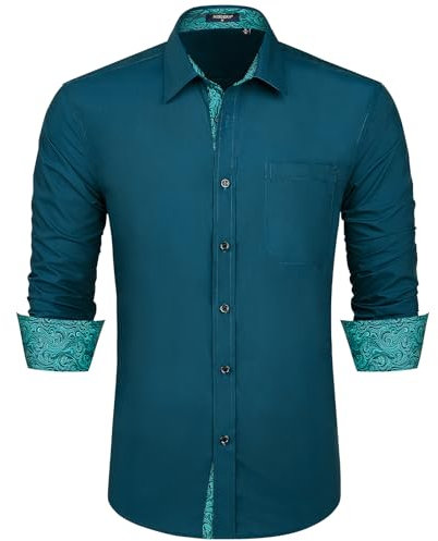 HISDERN Men's Dress Shirts Long Sleeve Classic Business Regular Fit Wedding Work Non Iron Shirt with Pocket Green 5XL