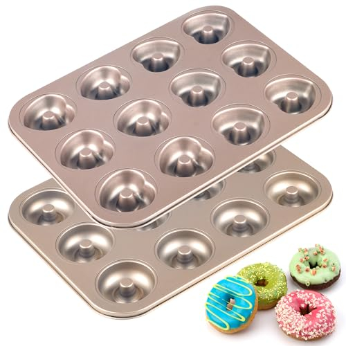Alyoen 2 Stück Donut Backform,24 Tassen Mini Mulden Donutform,Runde und herzförmige Donut-Backblech mit Antihaftbeschichtung,Ø6.4cm