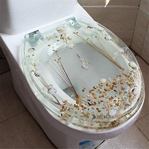 Toilettensitz, WC-Deckel mit automatischer Absenkung, WC-Deckel, Toilettensitz mit langsamer Absenkung, Verschiedene Modelle zur Auswahl – Blue Bream (transparente getrocknete Blumen)