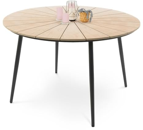 di volio Gartentisch Palermo ø 120 cm, rund - Gartentisch - wetterfest & langlebig, aus Aluminium, Holzoptik (Beige)