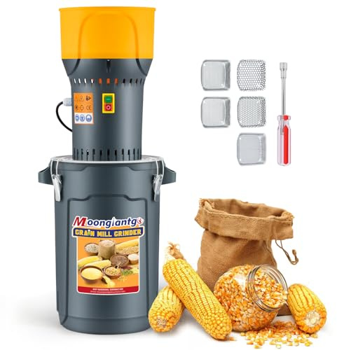 Moongiantgo Getreidemühle Elektrisch 1300W Kornmühle Gewürzmühle Elektrisch, Abnehmbarer 25L Eimer und Trichter, mit 5 Verschiedenen Feinheits-Sieben und 1 Steckschlüssel für Hause/Bauernhof (25L)