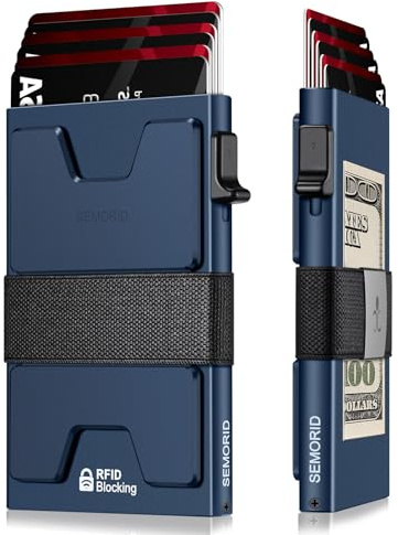 SEMORID Portefeuille fin pour homme, porte-cartes de crédit pop-up avec blocage RFID, portefeuille minimaliste en métal avec bande pour espèces, portefeuilles en aluminium, Bleu + bleu., 9.9 x 6.4 x