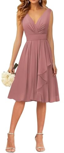 WSEYU V-Ausschnitt Homecoming Kleider Kurze Brautjungfernkleider Rüschen Chiffon Abschluss Cocktailparty Kleid, Dusty Rose, 38