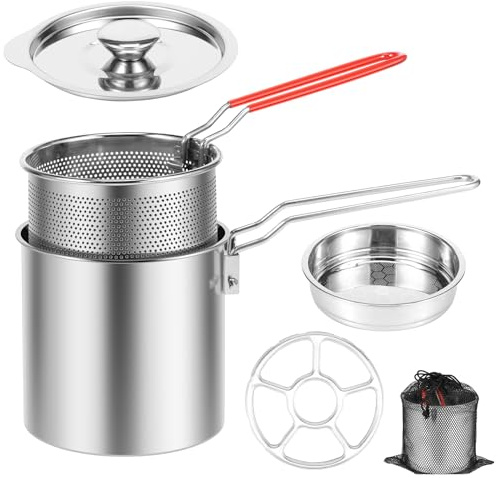 Mini Friteuse en 304 Acier Inoxydable avec Couvercle et Passoire, Friteuse 1 Personne avec Panier et Poignée Amovible, Petite Friteuse à Economie Japonais pour Frites, Poisson, Aile de Poulet(2)