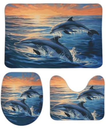 ERKSOUKA Badezimmerteppich-Set, 3-teilig, Delfine im Meer, Badezimmermatte, Bad-Set, rutschfest, ultraweich, saugfähig, mit U-förmigem WC für WC, Badematten-Set