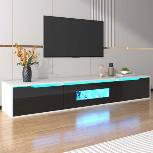 YEHTOKHOME Meuble TV Moderne avec éclairage LED et 3 Portes, Armoire Mural avec Espace de Rangement,Multifonctionnel Organisateur pour Salon et Chambre à Coucher,180x35x30cm (Noir + Blanc)