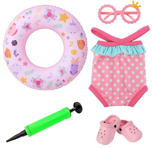 Set de Bain pour Poupées 5 Pièces, Tenue de Piscine de Poupées, avec Maillot de Bain pour Poupée de 36-43 cm, Chaussures Caverneuses, Lunettes de Soleil, Anneau de Natation et Pompe