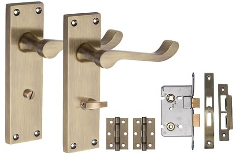 Golden Grace Victorian Scroll Bathroom Door Handle Antique Brass with 2.5 Bathroom Lock & Hinges 150mm x 40mm