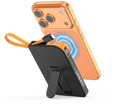 Power Bank für MagSafe iPhone 10000mAh, 3 in 1 Magnetische Schnellladen PowerBank for i-Phone 17/16/15/14/13/12, Wireless Powerbanks Handy mit integriertem USB-C Kabel & Ständer für Android Phone
