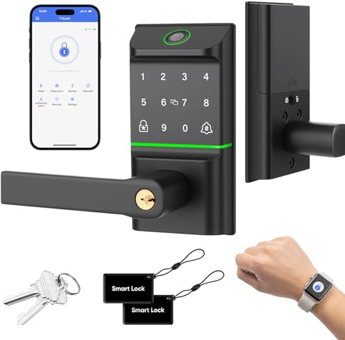 Cerradura Inteligente de Huella Digital con Manija, Cerrojo de Entrada Sin Llaves, para Puerta Principal, Control por App, Teclado Táctil, Llave, Tarjeta, Cierre Automático, Compatible con Apple Watch
