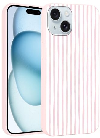 Yirlbey Été Coque pour iPhone 15 Plus 6,7'', Housse Rose Silicone avec Rose et Blanc Stripes Striped Aesthetic Dessin Motif Design, Étui pour Fille Fine TPU Souple Antichoc Protection Case, Rayures