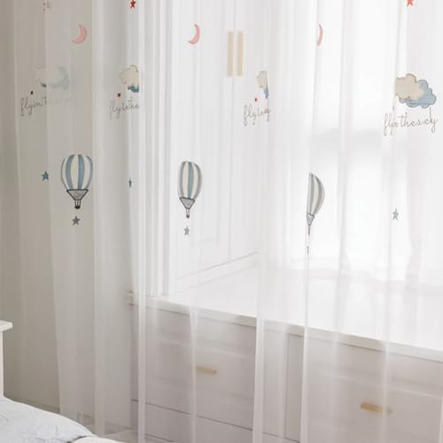Lsimeru Kindergardinen Mädchen Transparent mit Heißballon Wolke Stern Mond Muster Gardinen Durchsichtig Weiß Ösen 2er Pack Ösenvorhang Ösengardinen für Kinderzimmer Babyzimmer