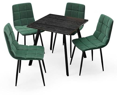 URBNLIVING 80cm Square Table with 4 Velvet Chairs | Stylish Dining Set for Apartment & Small Spaces - Black Wood Table Green Chair