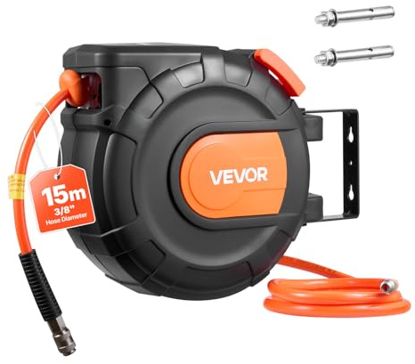 VEVOR Carrete de Manguera de Aire Retráctil 15 m x 9,5 mm, Manguera para Compresor de Aire Presión Máxima de 300 PSI, con Entrada de 1 m, Montaje en Techo o Pared Giratorio de 180°, para Garaje
