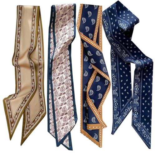 IHLOOTD Schmales Halstuch Damen 4 Stück Haartuch Damen Zum Binden Schmal, Handbag Scarf, Schmales Haartuch für Haarschmuck, Hals, Handtasche Accessoires