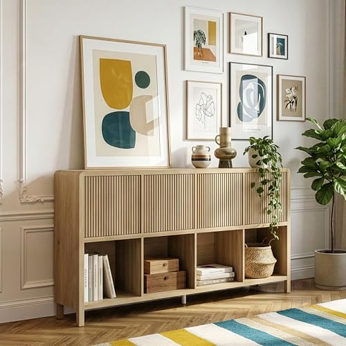 [en.casa] Sideboard Lukkodso Wohnzimmerschrank mit 4 Türen Push-to-Open Kommode mit 8 Fächern 77 x 145 x 30 cm Eicheoptik, mittelhell