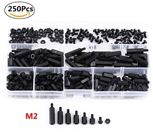 250Pcs M2 Nylon Entretoises Hexagonales Vis Ecrou Entretoises Mâle Filetée Assortiment Kit avec une Boîte de Rangement