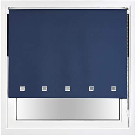 FURNISHED Blackout Roller Blind with Square Eyelets & Metal Fittings Trimmable - Navy Blue, 90W x 165H cm