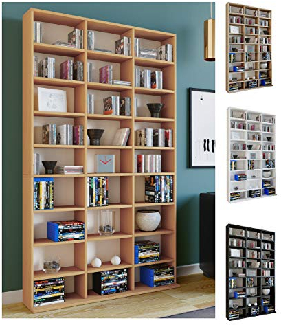VCM Holzregal stehend | platzsparender CD-Schrank für 1080 CDs oder 504 DVDs | Maße: H. 181 x B. 102 x T. 23 cm | Elegantes DVD Regal stehend | Blu-Ray Regal | CD Regal Megosa XL