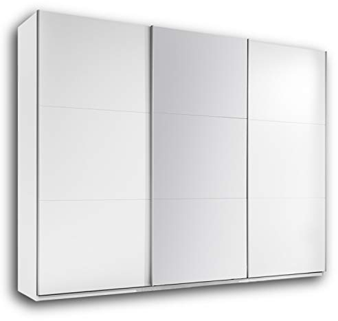 Stella Trading BRAVO Eleganter Kleiderschrank mit viel Stauraum - Vielseitiger Schwebetürenschrank in Weiß mit großer Spiegeltür - 270 x 210 x 60 cm (B/H/T)