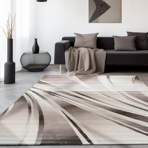 SIMPEX Teppich Wohnzimmer 160x230 cm Braun Modern Abstraktes Wellen Design Kurzflor Schlafzimmer Esszimmer Küche Jugendzimmer Waschbar Pflegeleicht Extra Weich