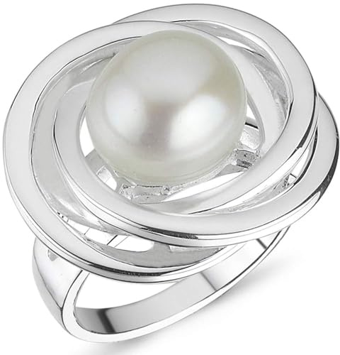 Vinani Damenring aus 925 Sterling Silber – Spiralförmiger Silberring mit Süßwasserperle, nickelfrei & antiallergisch, handgefertigter eleganter Silberschmuck, Schönes Geschenk für Frauen