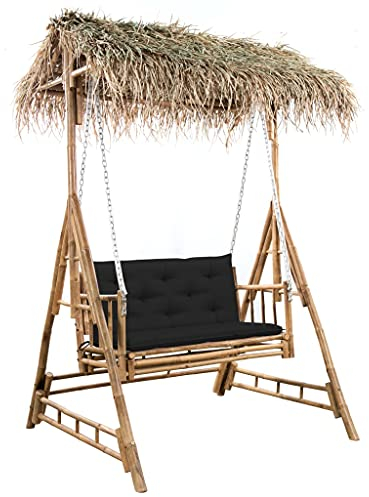 vidaXL Balancelle 2 Places avec Feuilles de Palmier et Coussin Siège de Balançoire Jardin Patio Terrasse Extérieur Porche Balcon 202 cm Bambou