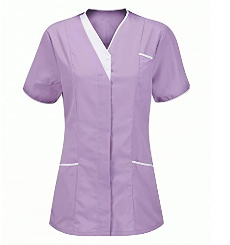 LuckyLucy Damen Pflege Schlupfkasack Kasack, Krankenpfleger Berufsbekleidung mit Taschen Kurzarm V-Ausschnitt T Shirts Tops Schönheitssalon Pflegeheim Kosmetikerin Nurse Uniformen, B-rosa, S