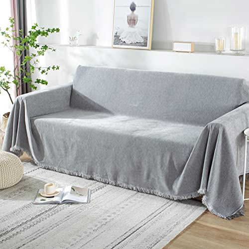 SHANNA Sofa überwurfdecke für 2-/3-/4-Sitzer, sofaüberwurf Decke Couch überwurf Baumwolle Waschbar Anti-rutsch Schmutzabweisend Kissen couchdecke überwurf Nahtlos mit Quasten(180 x 260 cm, Hellgrau)