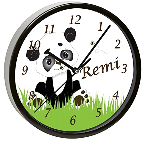 CreaDesign, Wanduhr für Kinderzimmer Panda Bär, Kinderuhr schwarz mit Quarz Uhrwerk, personalisiert mit Name, Durchmesser 19,5 cm