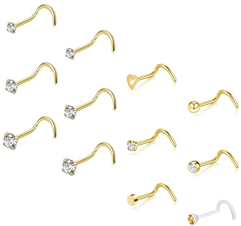 ZS 12 Stück 20G Nasenstecker Ringe – Chirurgenstahl L Form Nasenpiercing Stecker CZ Nase Piercing Schmuck für Damen Herren (Gold, Spirale)