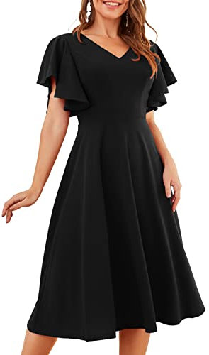 Bridesmay Women Casual Tea Dresses Flared Sleeve Vintage Cocktail Dresses Modest Church Dresses Midi Women's Wear to Work Dresses Black M
