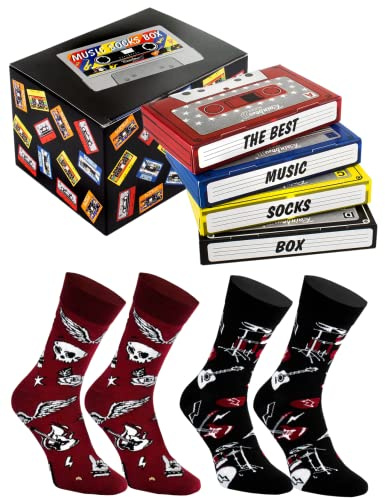 Rainbow Socks - Rock Socks Music Box-2 Paires De Chaussettes Dans Une Cassette - Un Cadeau Pour Un Fan De Musique Rock, Heavy Metal, Rock&Roll - Un Gadget Musical Pour Elle Et Pour Lui