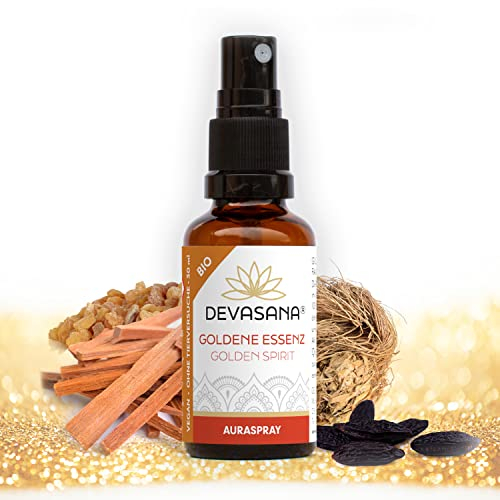 Aura Spray Golden Spirit, Airspray/Raumspray 30ml, mit 100% Bio ätherischen Ölen (Benzoe siam, Weihrauch, Tonkabohnen, Sandelholz, Vetiver), 100% Vegan