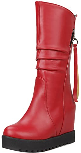 Lroey Reoly Stivali da Donna a Metà Polpaccio con Zeppa, Stivali Invernali Casuale Senza Chiusura Stivali Alti Tacco Alto Punta Rotonda con Plateau 290 Rosso-Dl Numero 36 EU
