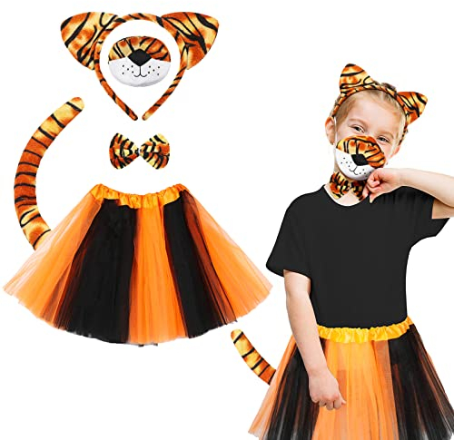Marsui 5 Stück Fasching Tiger Leopard Kostüm Set Tier Kostüm mit Faschingskleid Tutu Rock Tier Leopard Ohren Stirnband Haarreif Schwanz Fliege Nase Zubehör für Kinder