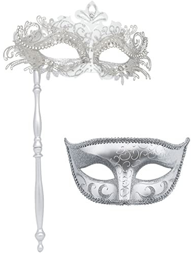 Coddsmz Couple Masquerade Mask with Holding Stick Venetian Halloween Costume Mask Mardi Gras Mask Cosplay Party Costume Mask